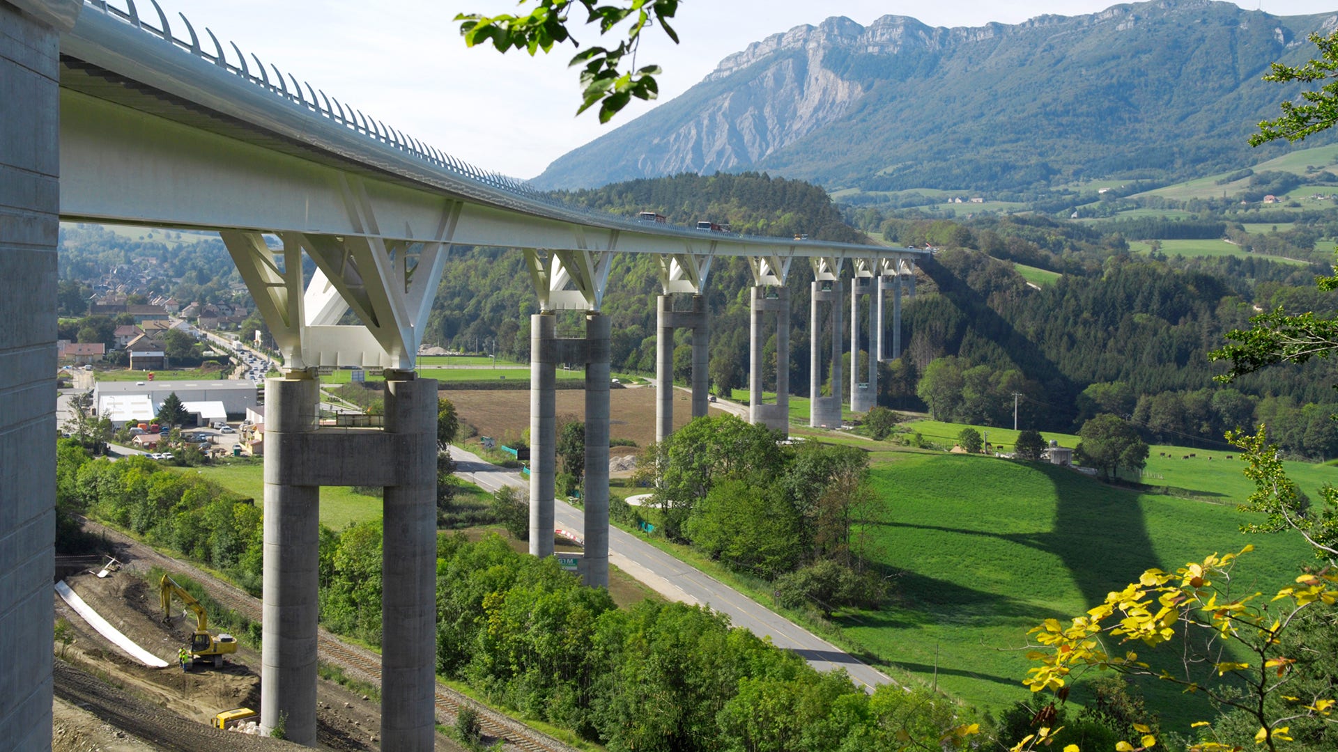 pylon-elevated bridge over road in lush landscape