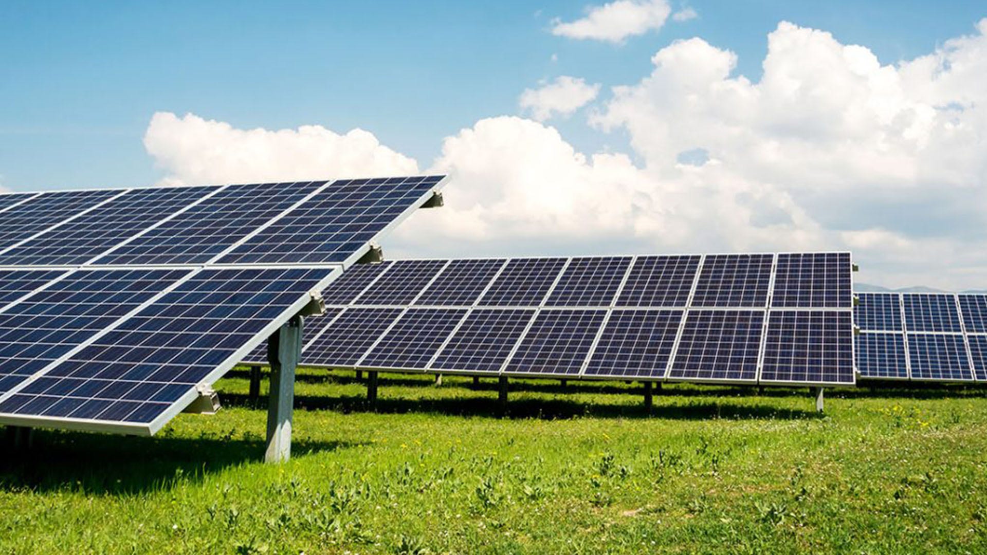 solar panels in green field with bright blue sky