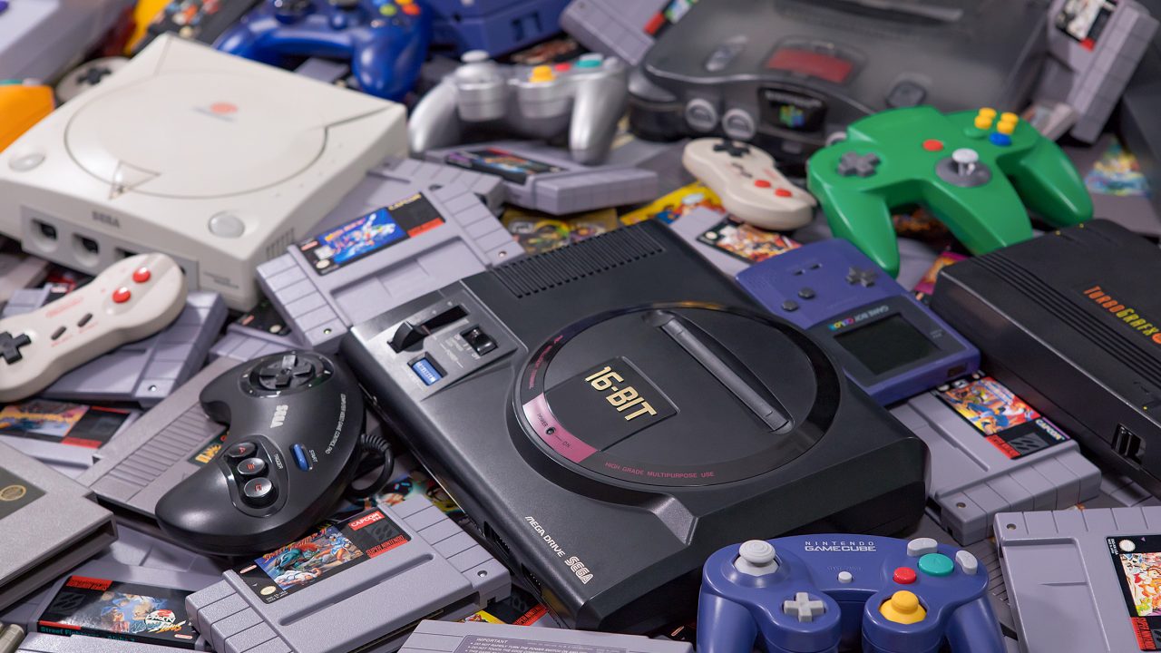 A collection of vintage gaming console, including Nntendo and PlayStation