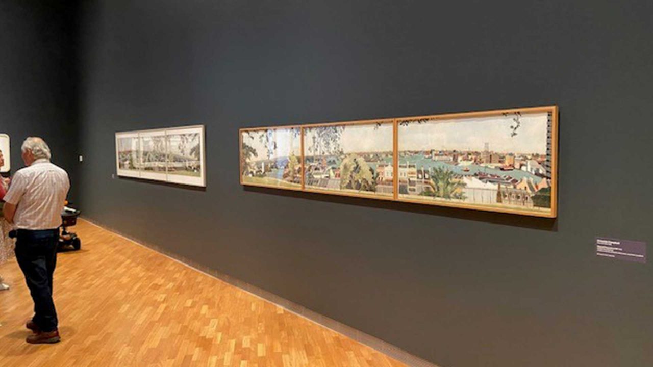 Cressida Campbell, West of Observatory Hill, 1989, woodblock painting (left) and unique print from the Macquarie Group Collection (right), installed in the National Gallery of Australia.