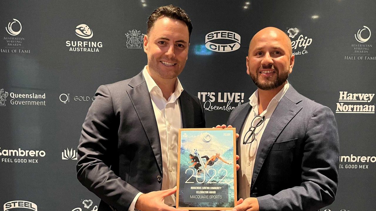 Pictured: Chris McKenzie, Macquarie Sports with Adam Bray (Woolworths Group, First Nations Advisory Board member), Surfing Australia 