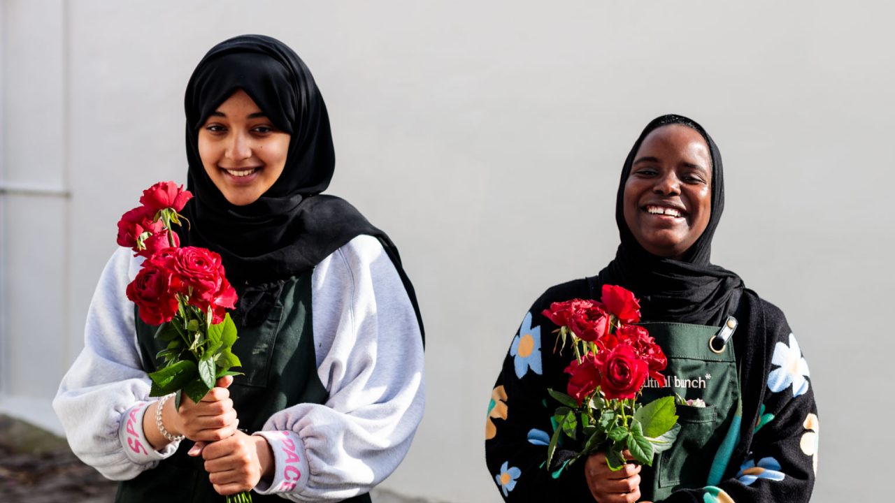 Beautiful Bunch Trainee Reem (left) with trainee Hamdia (right) with local roses.
