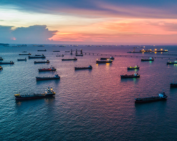 Aerial top view tanker ship park in sea