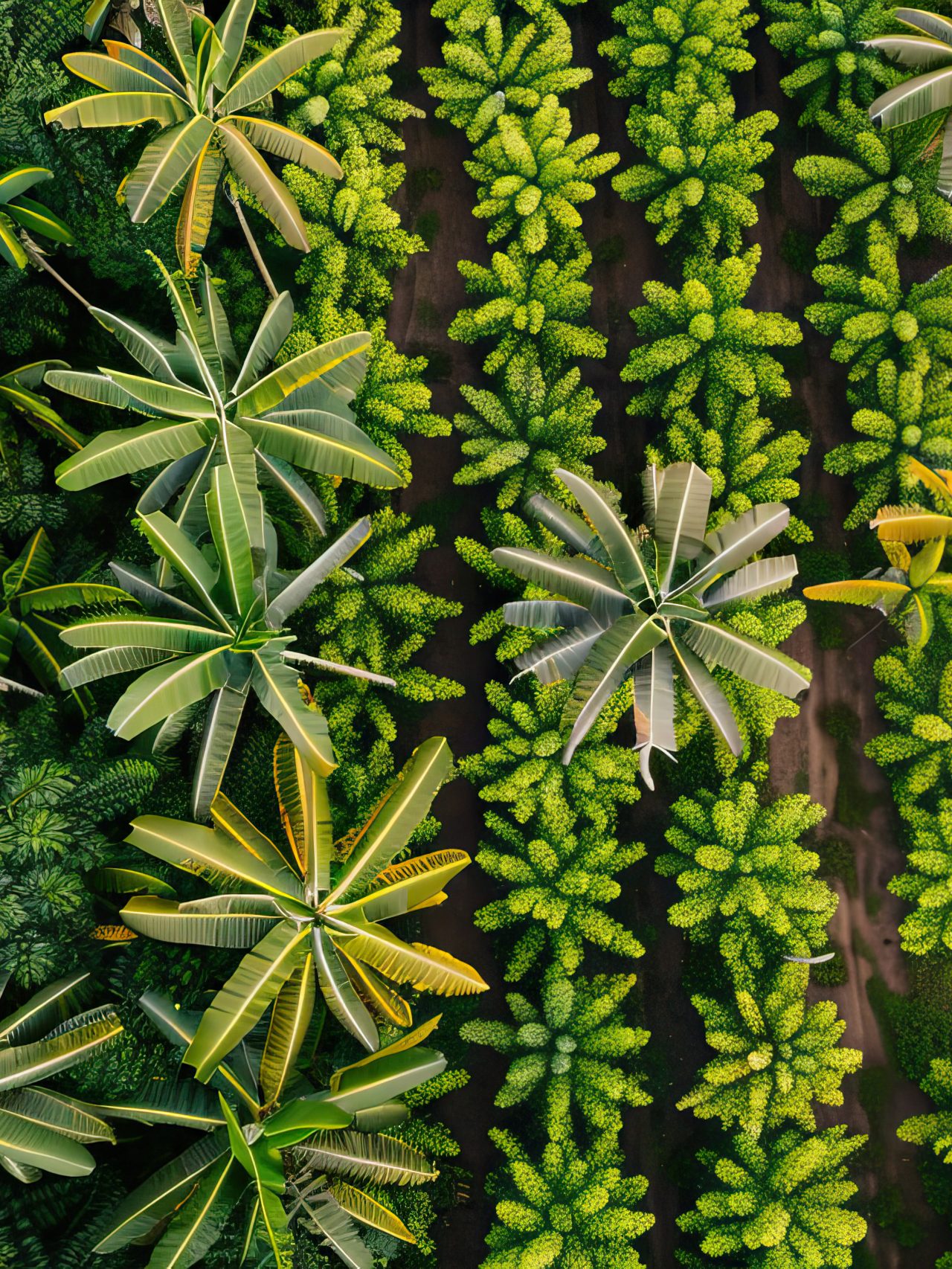 Aerial drone shot, cocoa plant field farm, modern style, symmetrical vibrant eco background, isolated, abstract organic nature-inspired natural textures banner background, sunny, bright, natural light