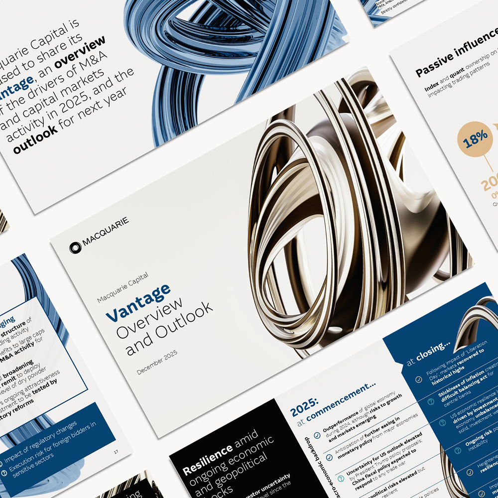 Collage of pages from Macquarie Capital's Vantage 2025 presentation