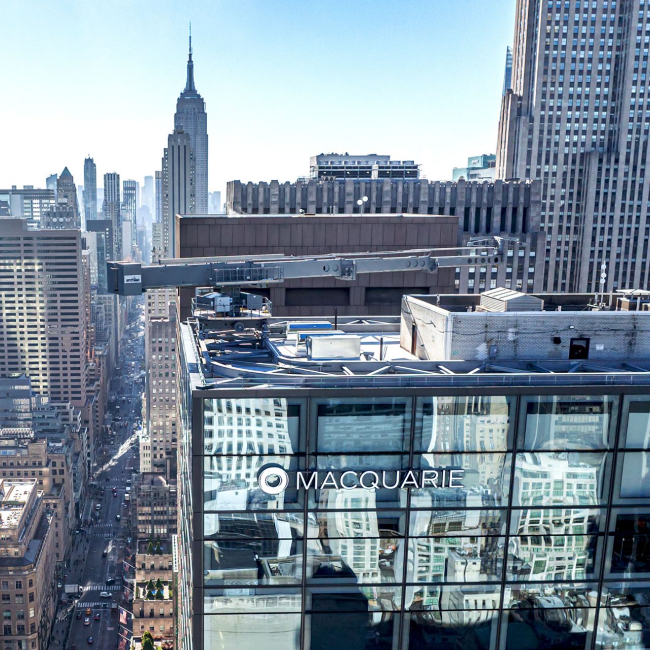 Aerial view of New York skyline with Macquarie building in the foreground