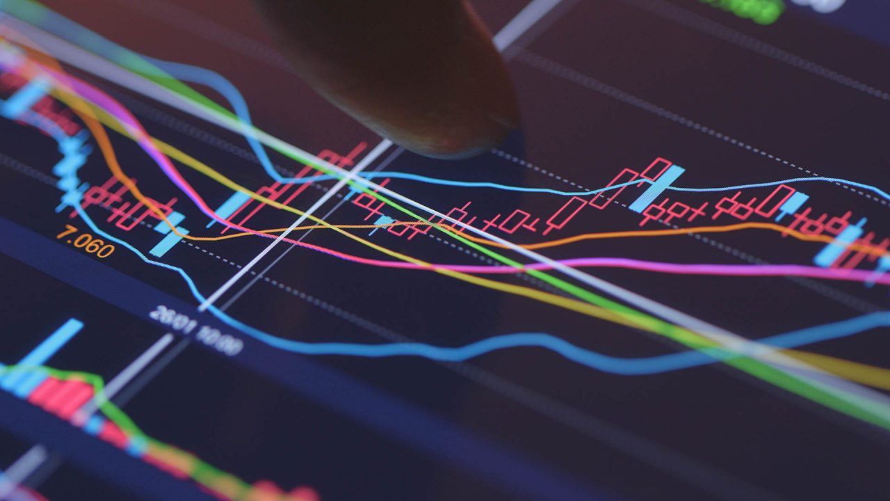 A stock trader checking technical markers of a stock on a computer screen