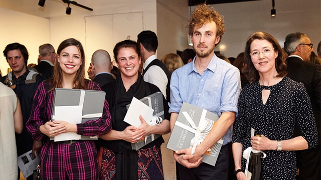 L-R: Danielle Tooley, winner of Nick Waterlow OAM Highly Commended Award, awarded by the art committee of the Macquarie Group Collection; Chris Casali, winner of the Highly Commended Award; Aaron Carter, winner of the 2016 Macquarie Group Emerging Artist Prize; Guest judge Louise Hearman