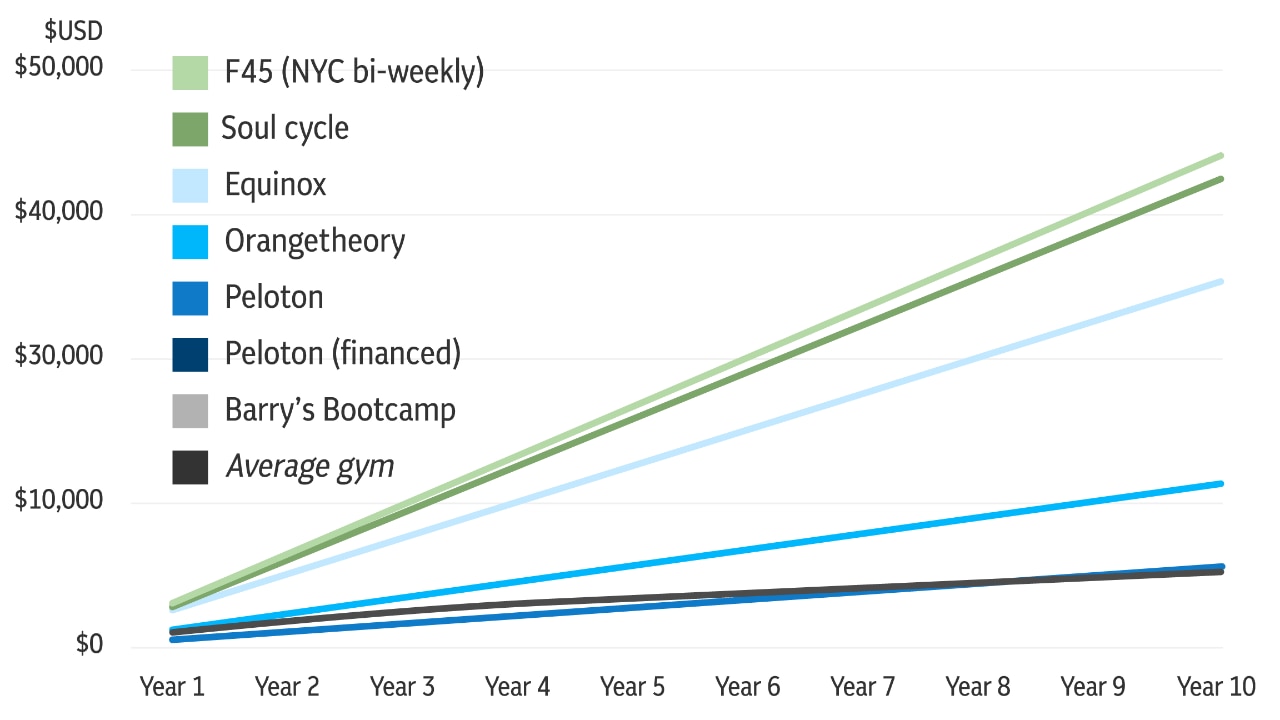 Illustraion of  a graph presenting the increase in gym memberships prices in New York over 10 years