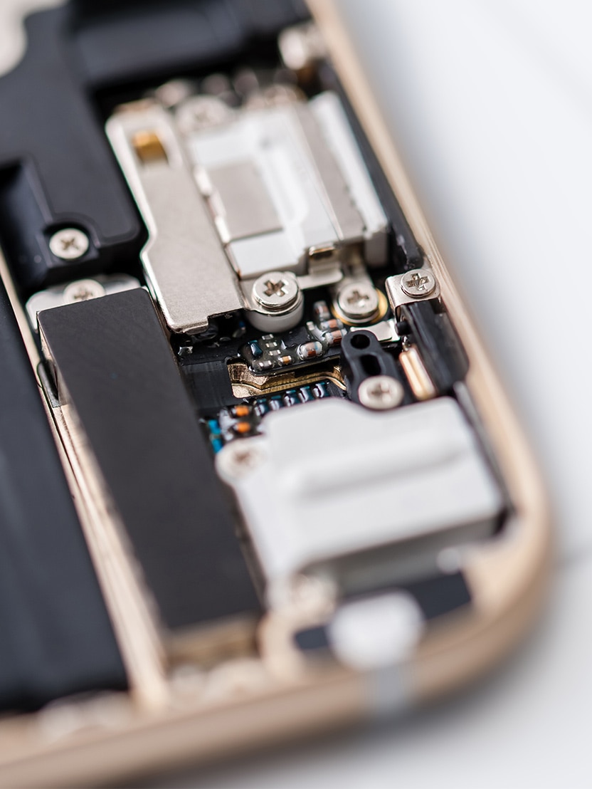 Close-up photos of electronic components of a mobile cell phone
