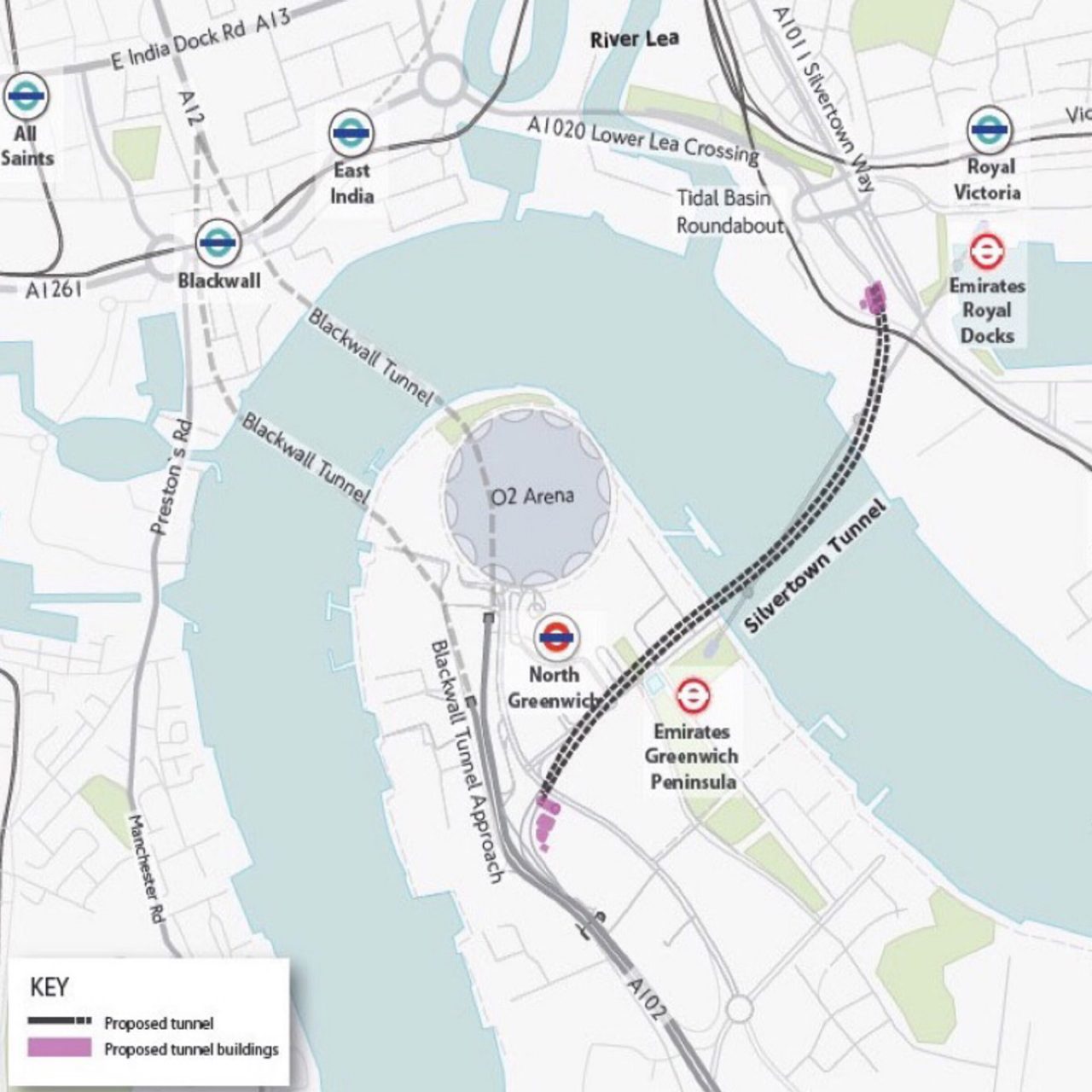 Map showing the proposed tunnel under the River Thames in East London