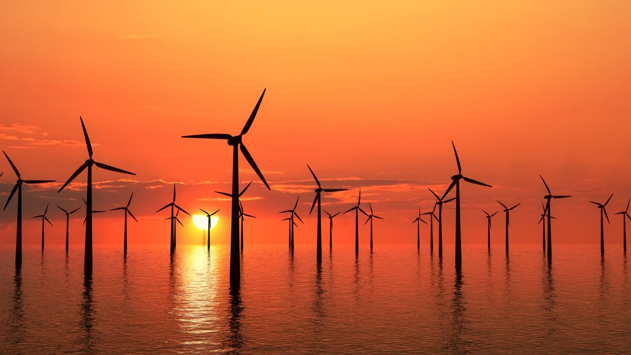 Wind farms at sunset