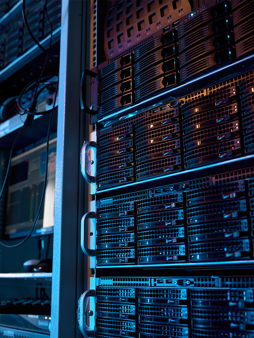 Server rack with supercomputer hardware and storage blades in big data center inside closeup. Datacentre interface and switch for digital communication and internet