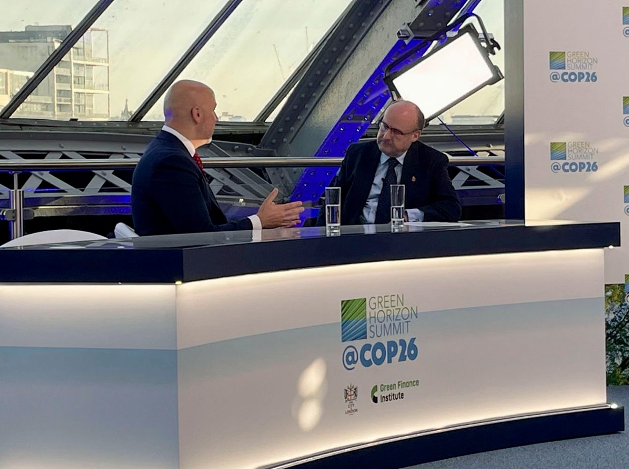 Peter Durante, Head of Technology and Innovation for Macquarie Asset Management, speaking with Chris Hayward, Sheriff, City of London Corporation, at a Green Horizon Summit@COP26 event.