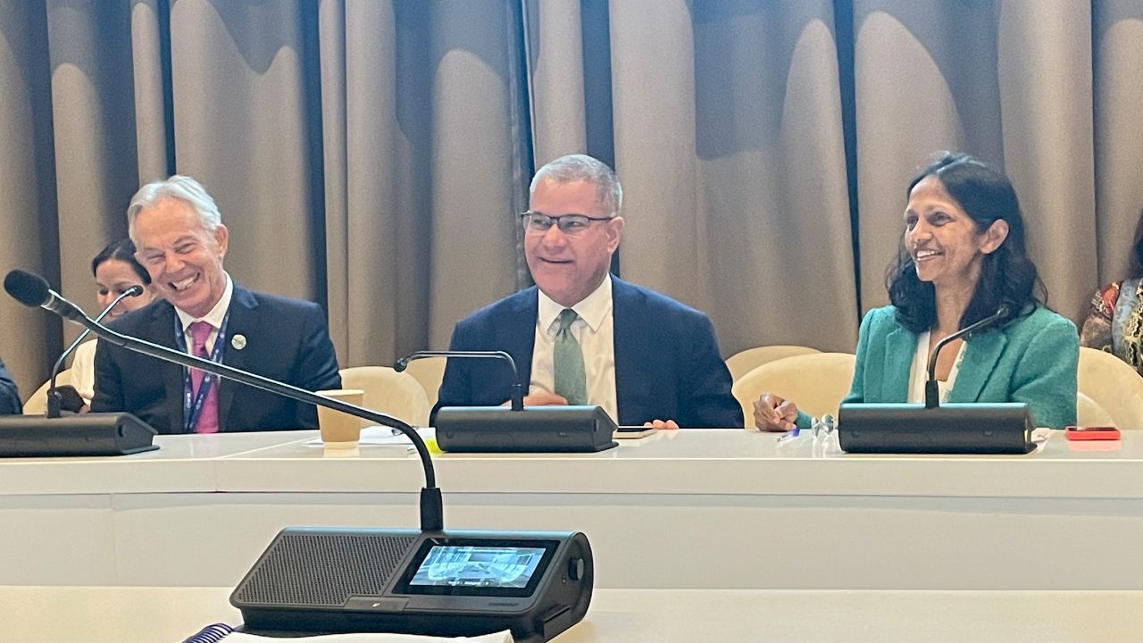 COP26 President Sir Alok Sharma (centre) hosted a panel on infrastructure investment in emerging markets and developing economies, attended by leaders of public and private organisations, including Shemara Wikramanayake, and Sir Tony Blair (left).