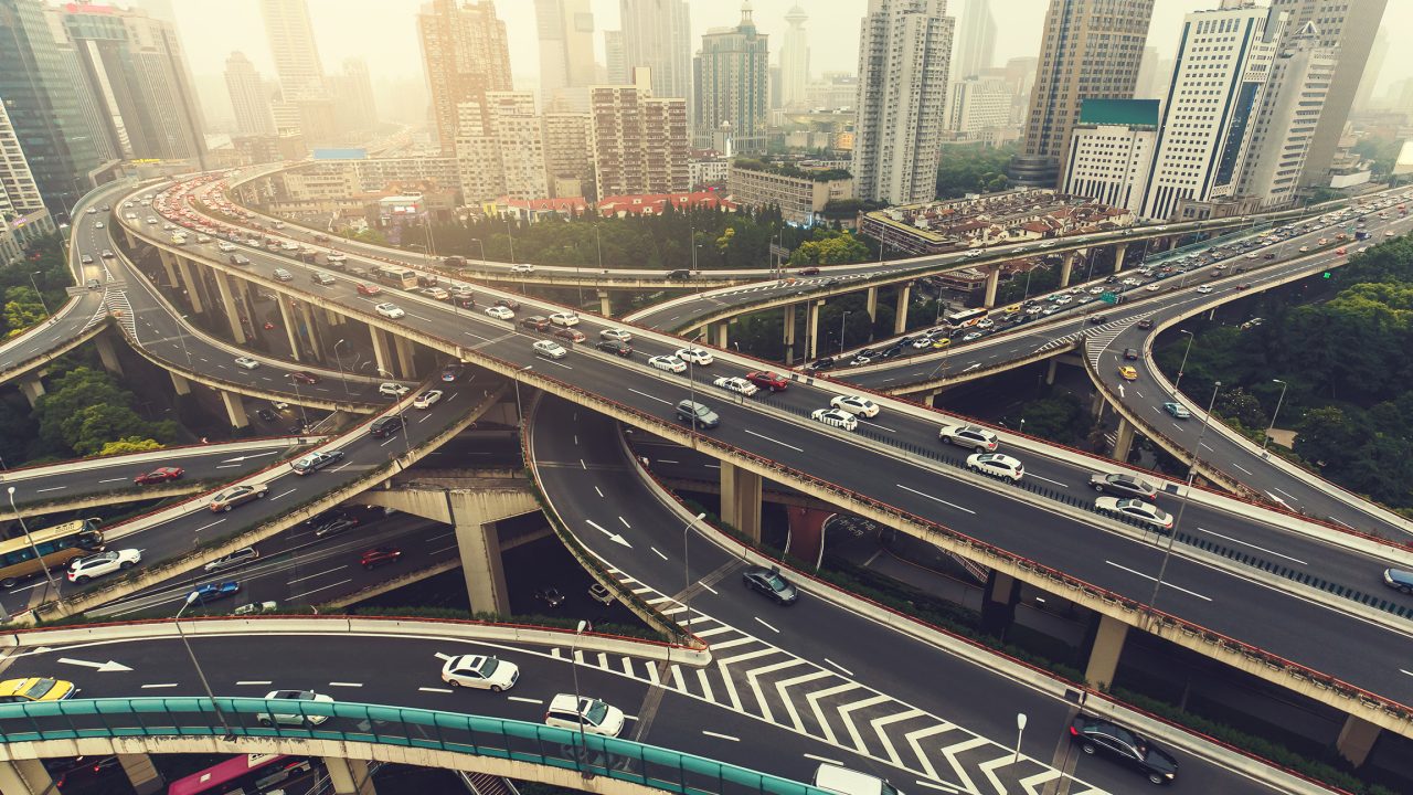 Big highway junction in Shanghai, China with traffic
