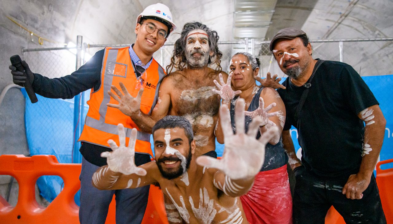 Carlos Barrios from Macquarie’s Banking and Financial Services Group and a member of the First Nations ENG, together with Tribal Warrior, the indigenous organisation that held a smoking ceremony in the station caverns, May 2021.