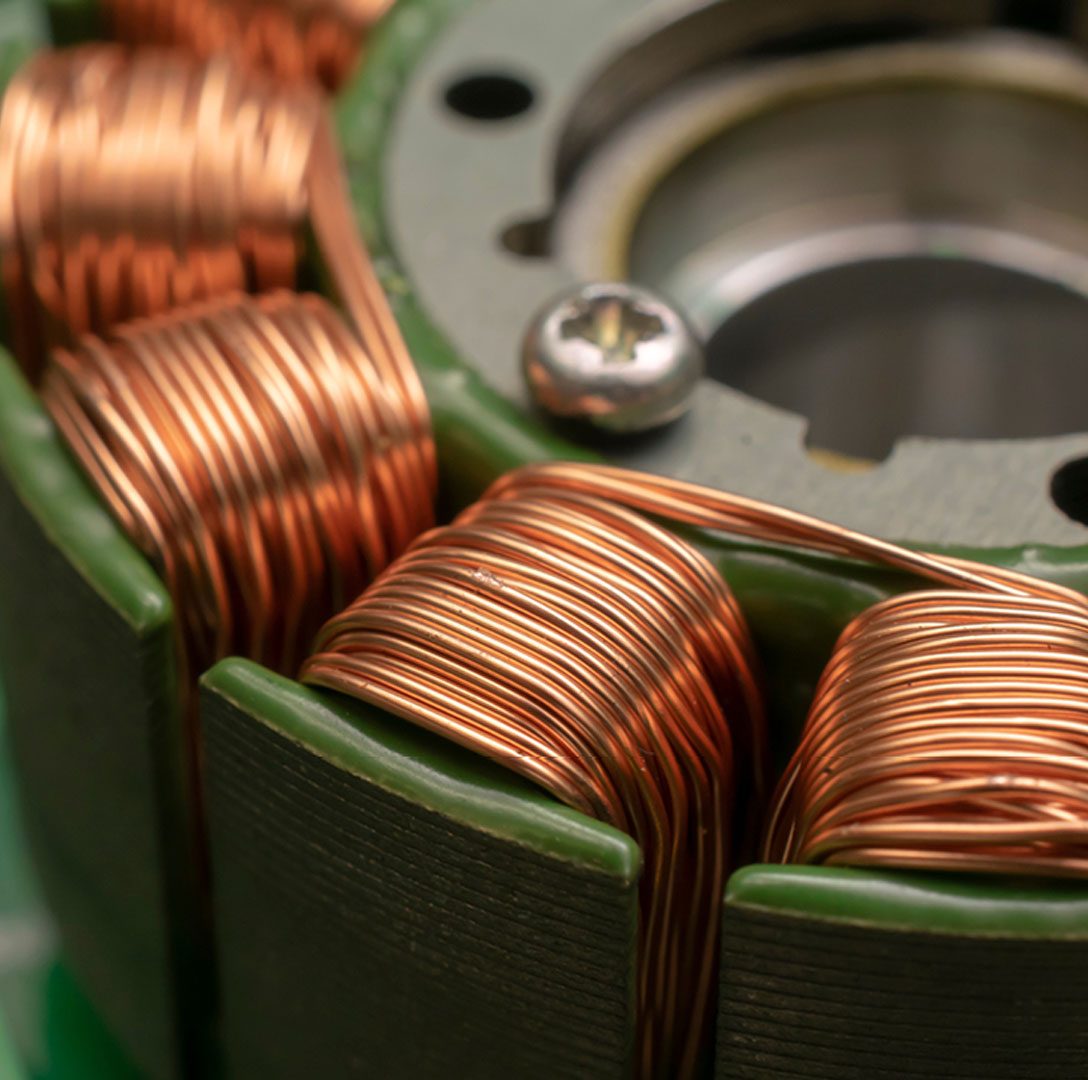 Close up of a motor rotor and copper stator windings