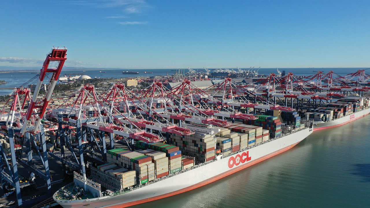 Container ship docked at port 