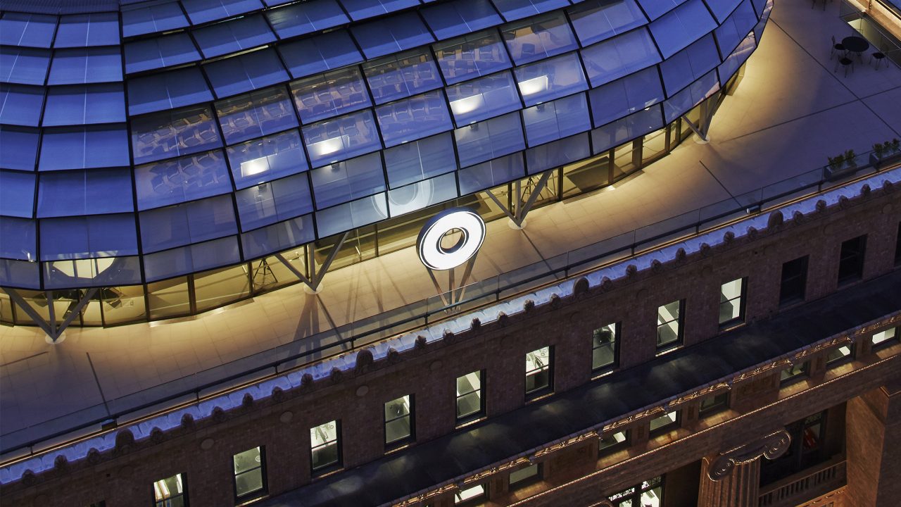 Roof of 50 Martin Place Sydney, Macquarie headquarters at night