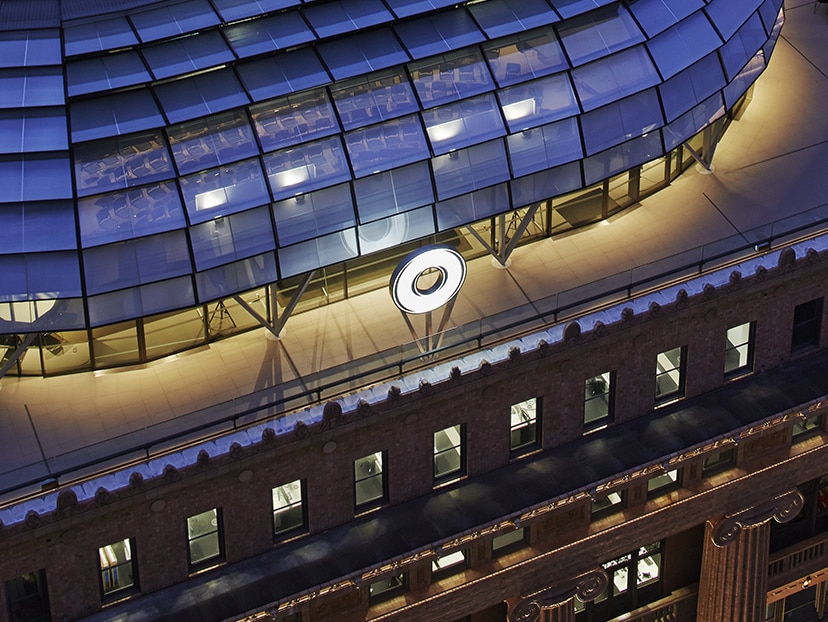 Roof of 50 Martin Place Sydney, Macquarie headquarters at night