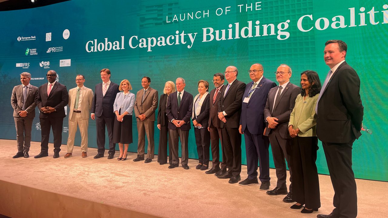 Senior leaders of multilateral development banks, finance, and international organisations – including Shemara Wikramanayake (second from right) – join UN Secretary-General’s Special Envoy on Climate Ambition and Solutions, Michael Bloomberg (centre) at the announced launch of the Global Capacity Building Coalition.