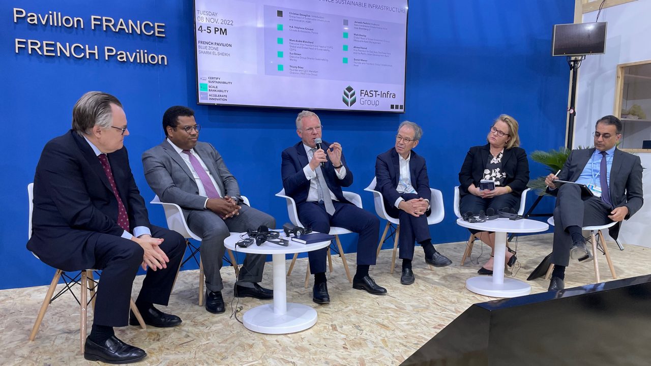 Mark Dooley speaks as part of a panel discussion at the France Pavilion about plans to trial the FAST-Infra Sustainable Infrastructure Label.