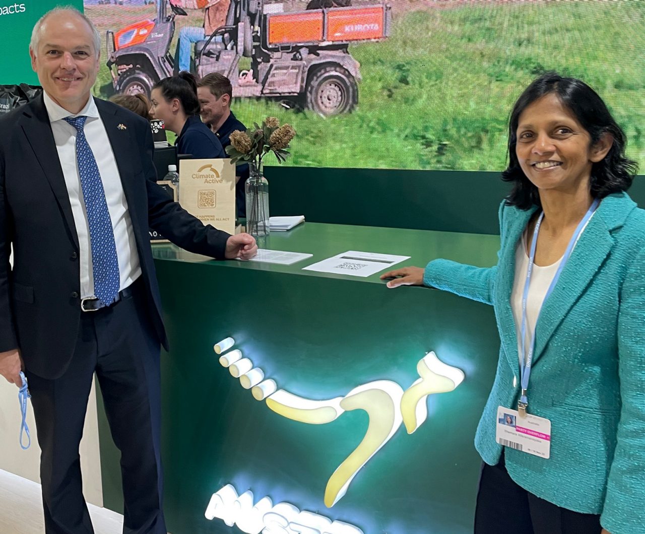 Dr Axel Wabenhorst, Australia's Ambassador to Egypt, with Shemara Wikramanayake at the Australia Pavilion.