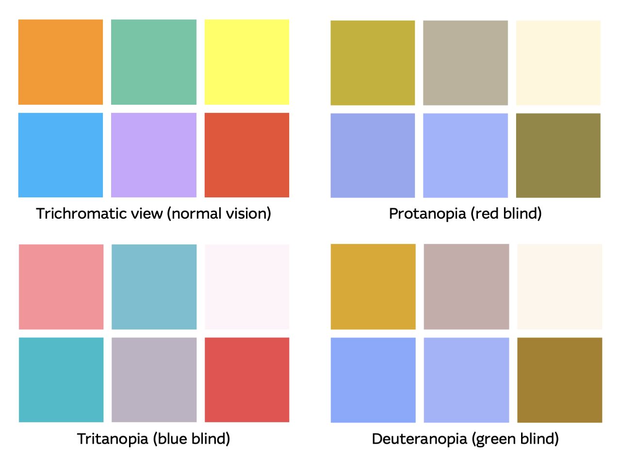 Figure 3: How different types of colour blindness (protanopia, tritanopia, deuteranopia) would affect the visual perception of a palette of colours