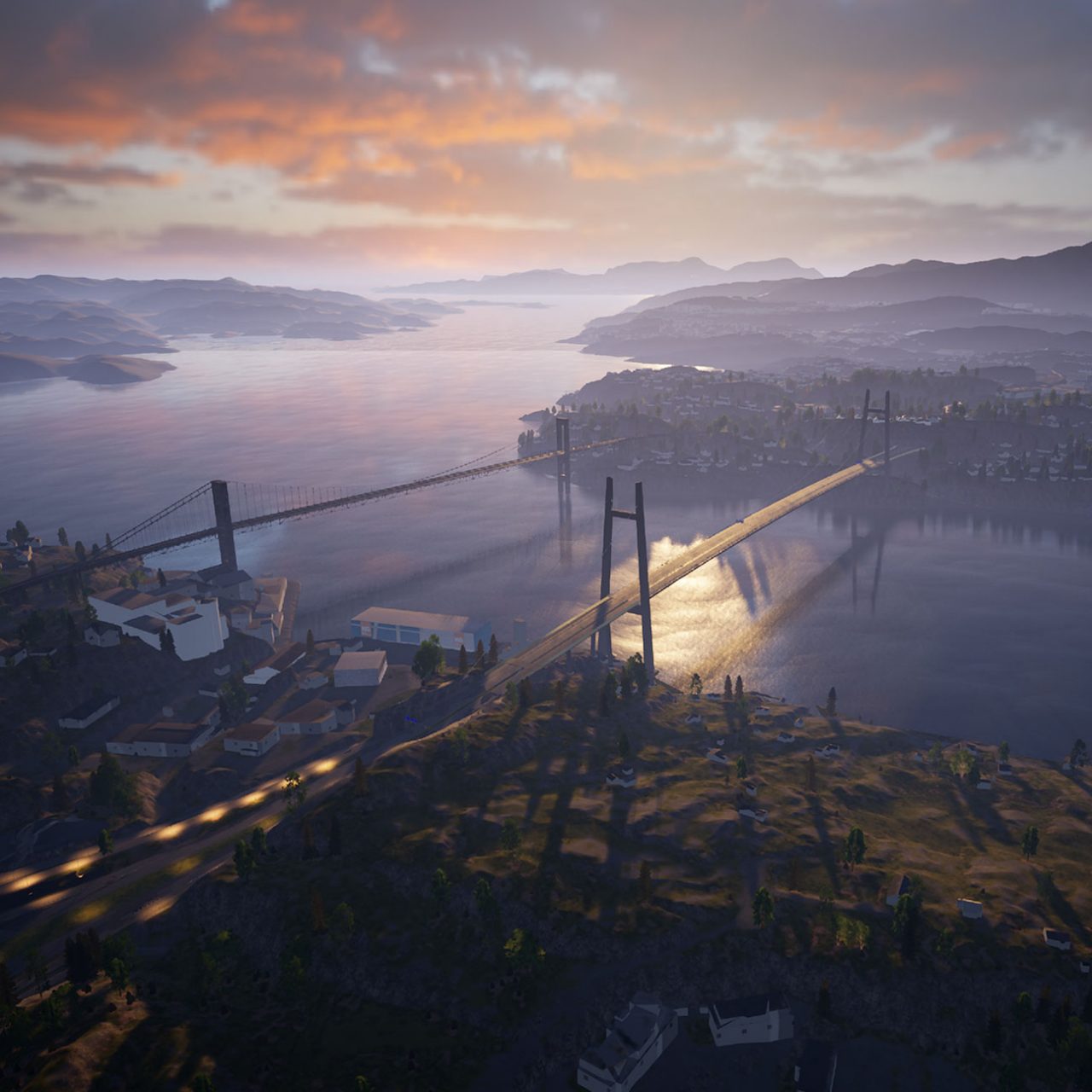 Aerial view of two bridges crossing water between picturesque islands in Norway