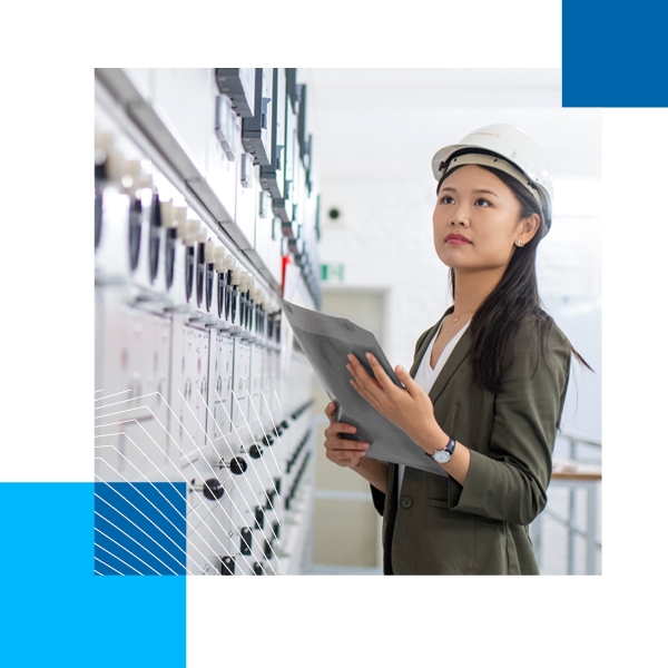 Xiaoyu Zhu works as a sustainability expert at MAM’s Chempark portfolio company Currenta and plays a vital role in several transformational projects. She is pictured examining an industrial switchbox at the Dormagen site in North Rhine-Westphalia, Germany 