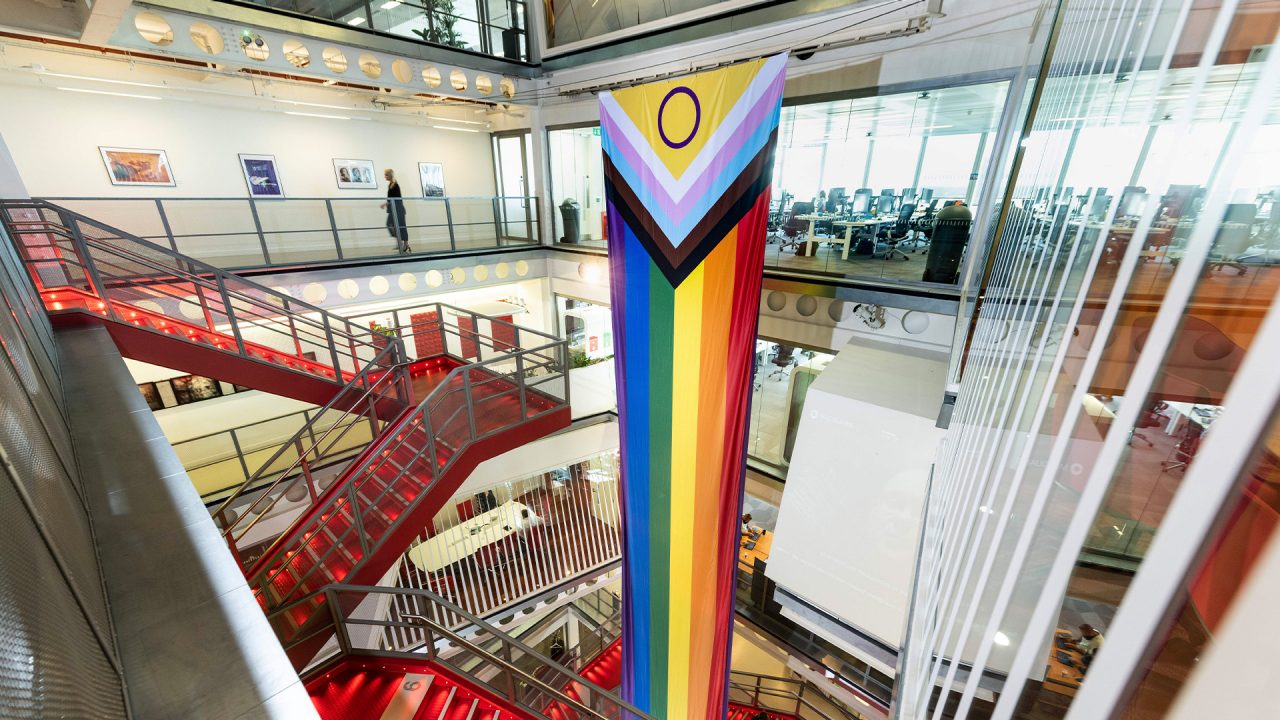 An image of the LGBTQI+ flag in Macquarie's London office 