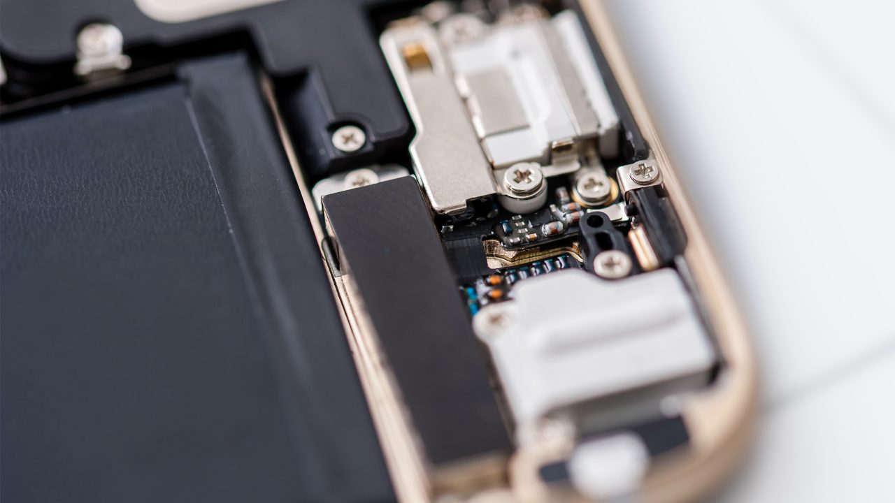 Close-up photos of electronic components of a mobile cell phone