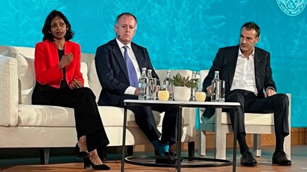 Macquarie Group Managing Director and CEO Shemara Wikramanayake (left), Lloyd’s CEO John Neal (centre), and bp CEO Bernard Looney (right) take part in a Terra Carta Action Forum panel discussion on the importance of the relationship between financial institutions and energy companies in accelerating the energy transition.