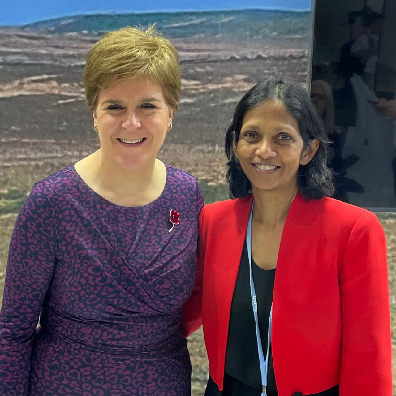 Macquarie Group Managing Director and CEO Shemara Wikramanayake (right), with First Minister of Scotland Nicola Sturgeon, at the Scotland Pavilion