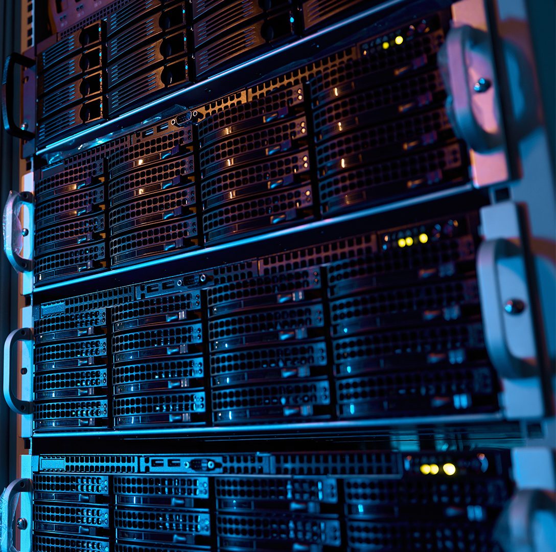 Server rack with supercomputer hardware and storage blades in big data center inside closeup. Datacentre interface and switch for digital communication and internet