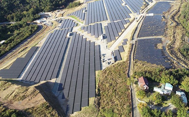Aerial view of solar plant in Japan