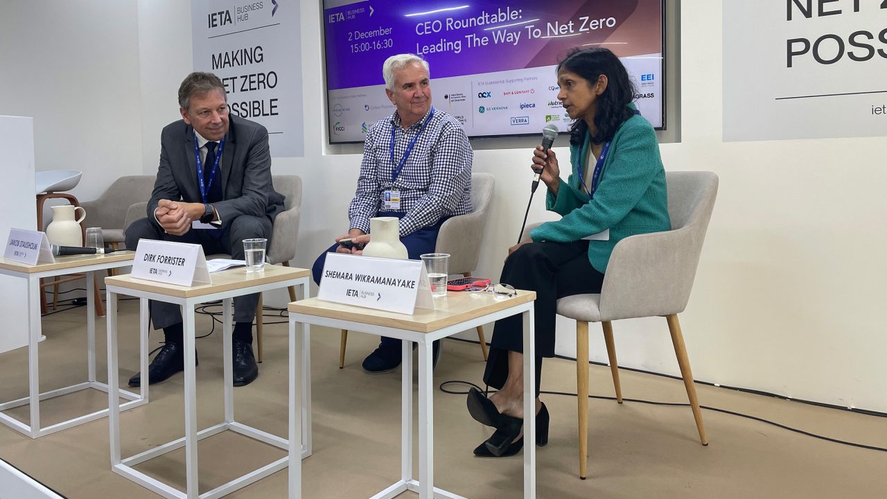 Shemara Wikramanayake speaks at an event hosted by the International Emissions Trading Association, alongside the Association’s President and CEO, Dirk Forrister, and Jakob Stausholm, CEO of Rio Tinto.